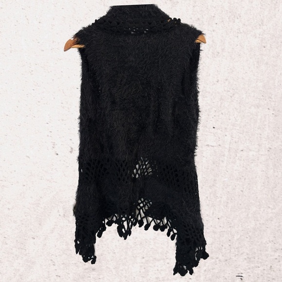 Vintage Black Fringe Knit Poncho Sweater - Picture 2 of 4